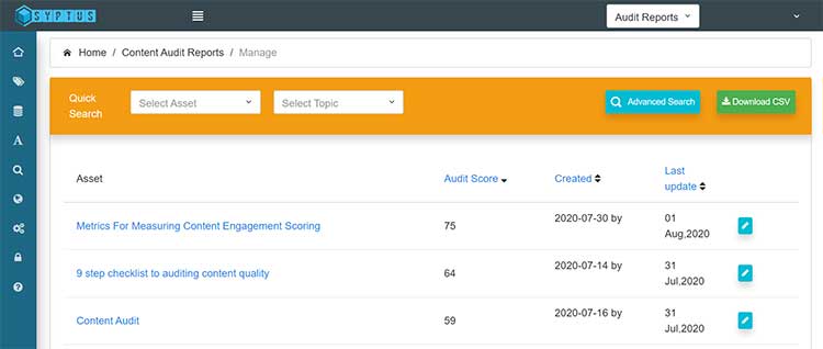 Syptus content audit platform quantitatively tells you about all metrics