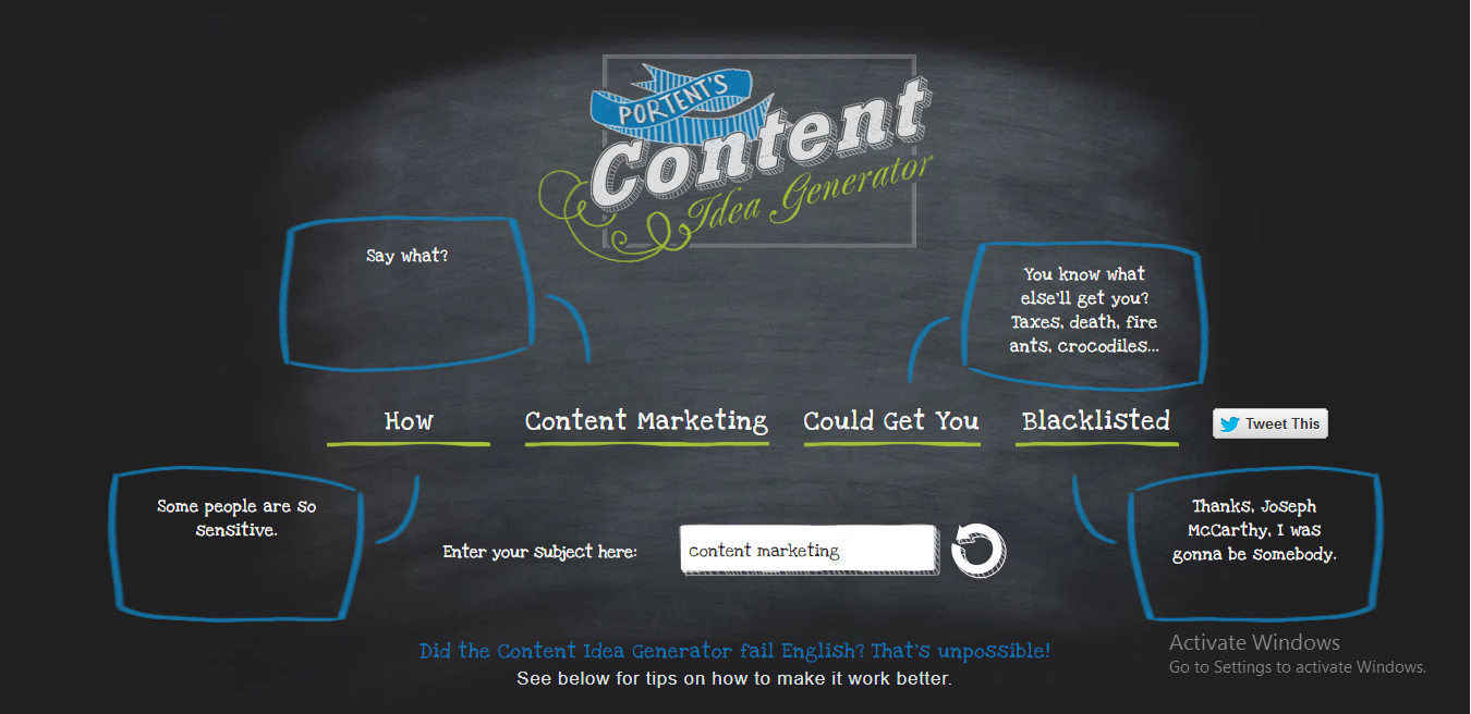 Portent's content idea generator for getting blog post topics and suggestions
