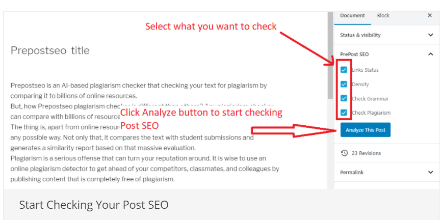 PrePost SEO lets you know about links, plagiarism, grammar check and various other on-page factors.