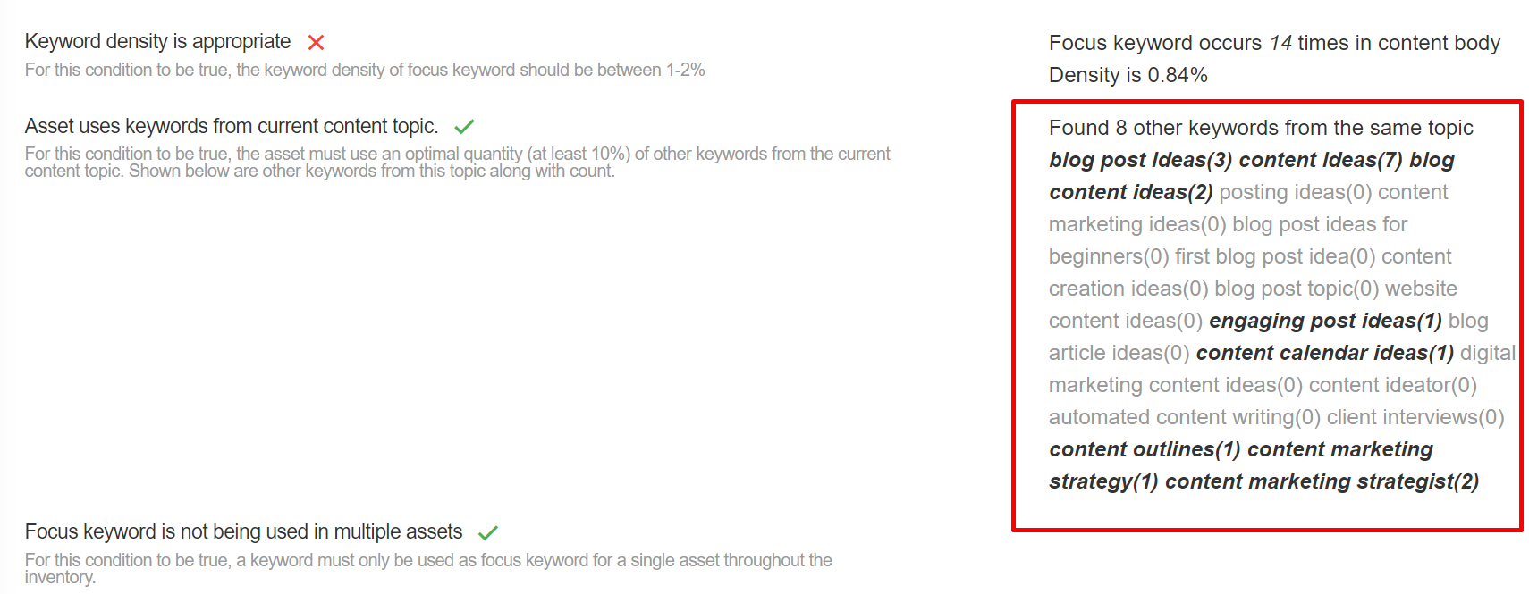 Syptus app allows you to see the complete list of keywords related to any asset's focus keyword.