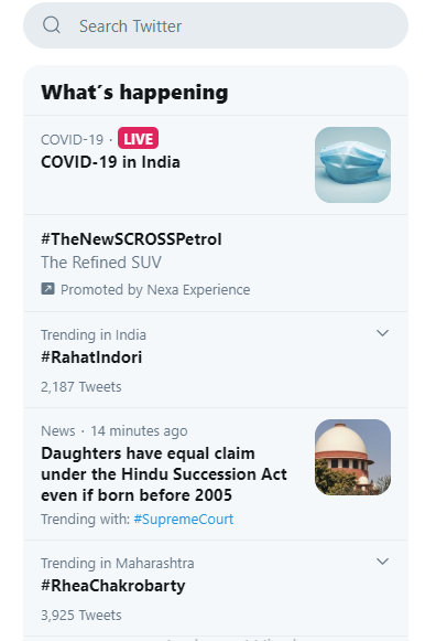 Twitter 'what's happening' tab lets you know about latest news and trending hot topics so that you get enticing ideas for your blog post