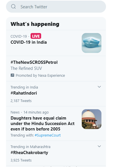 twitter Twitter 'what's happening' tab lets you know about latest news and trending hot topics so that you get enticing ideas for your blog post